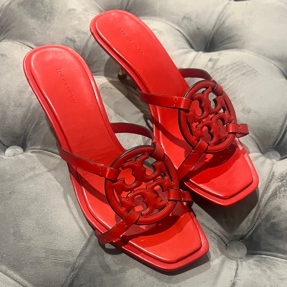 Tory Burch Red Leather Logo Slide Sandals